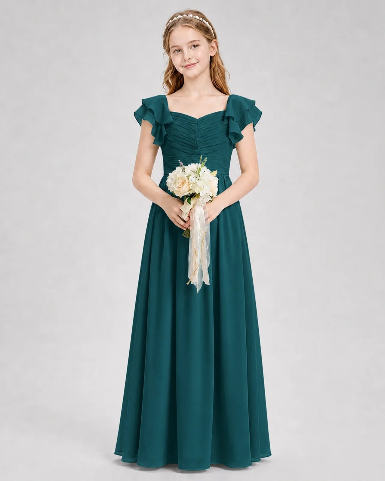 Dideyttawl Sweetheart Neck Ruffle Chiffon Junior Bridesmaid Dress