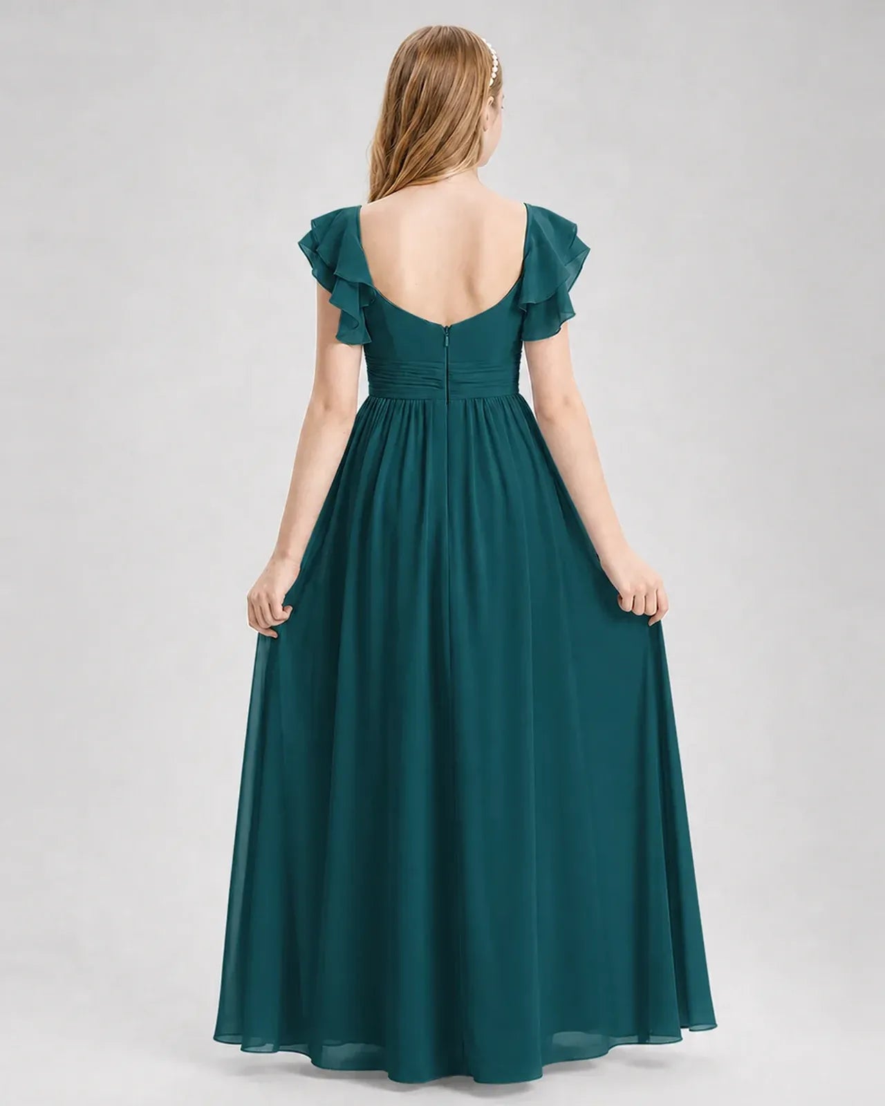 Peacock Chiffon A-line Junior Bridesmaid Dress Back View