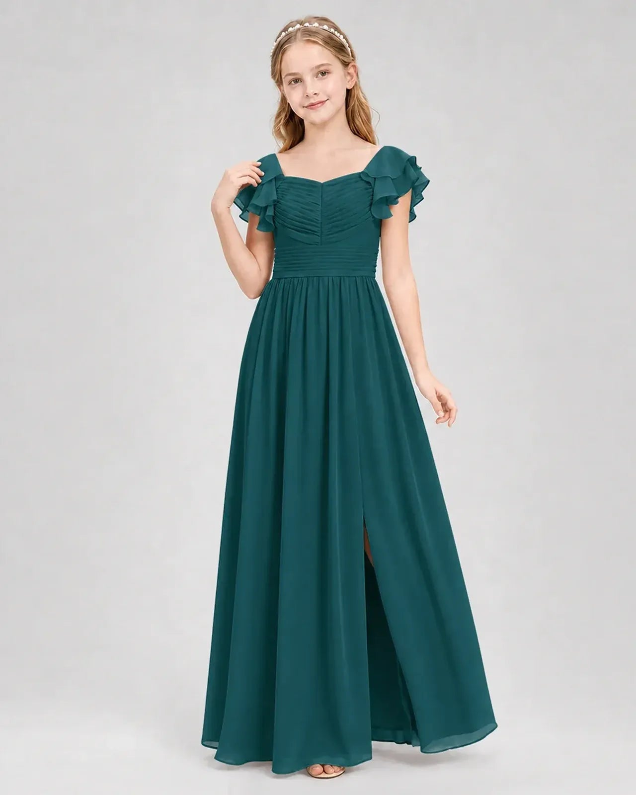 Peacock Chiffon A-line Junior Bridesmaid Dress Front View