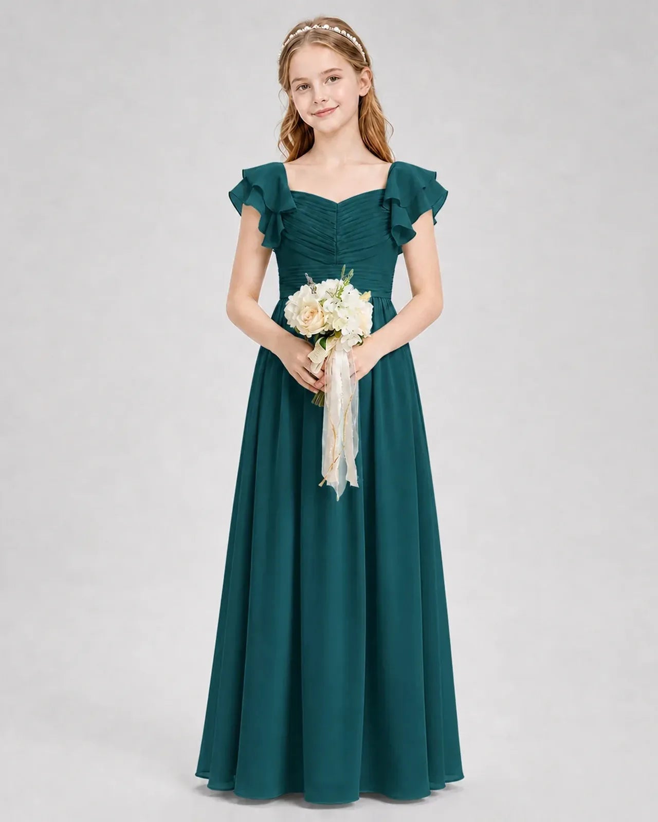 Peacock Chiffon A-line Junior Bridesmaid Dress Front View