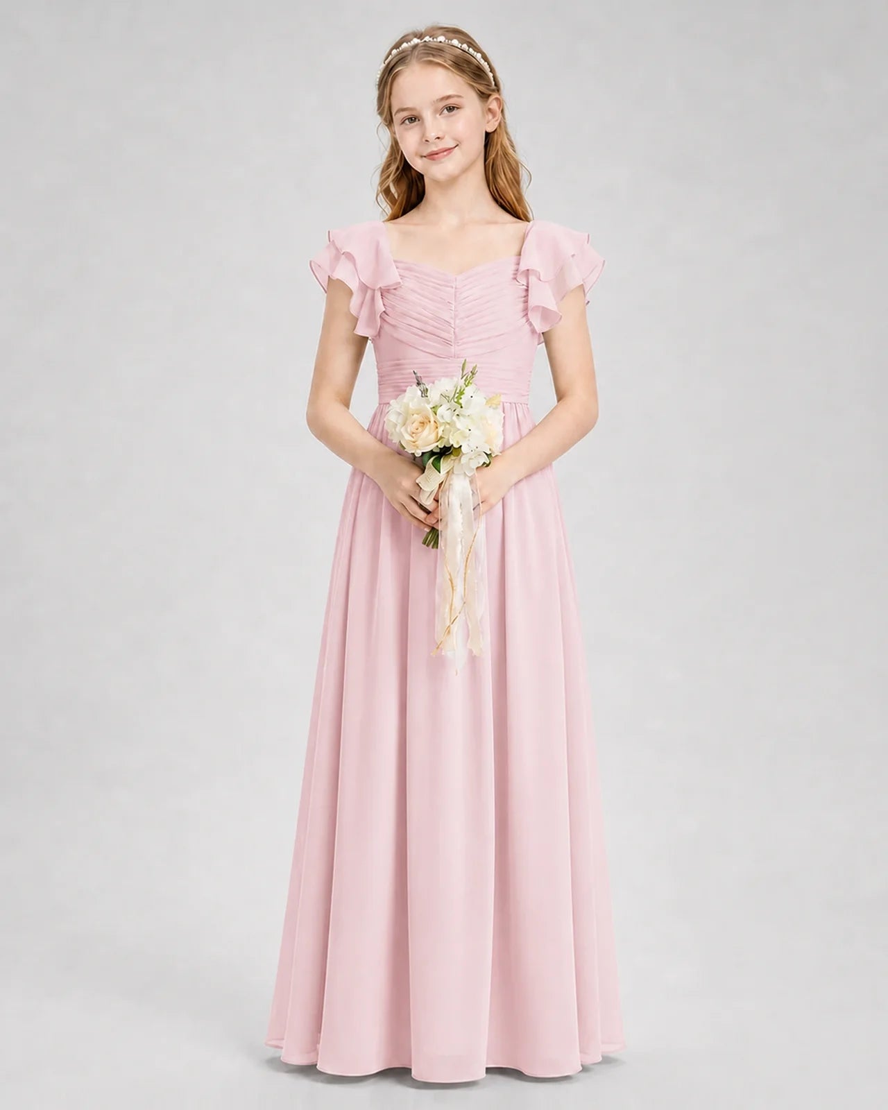 Dideyttawl Sweetheart Neck Ruffle Chiffon Junior Bridesmaid Dress