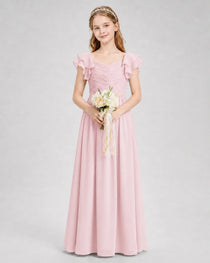 Dideyttawl Chiffon Junior Bridesmaid Dress with Ruched Bodice & Ruffle Sleeves