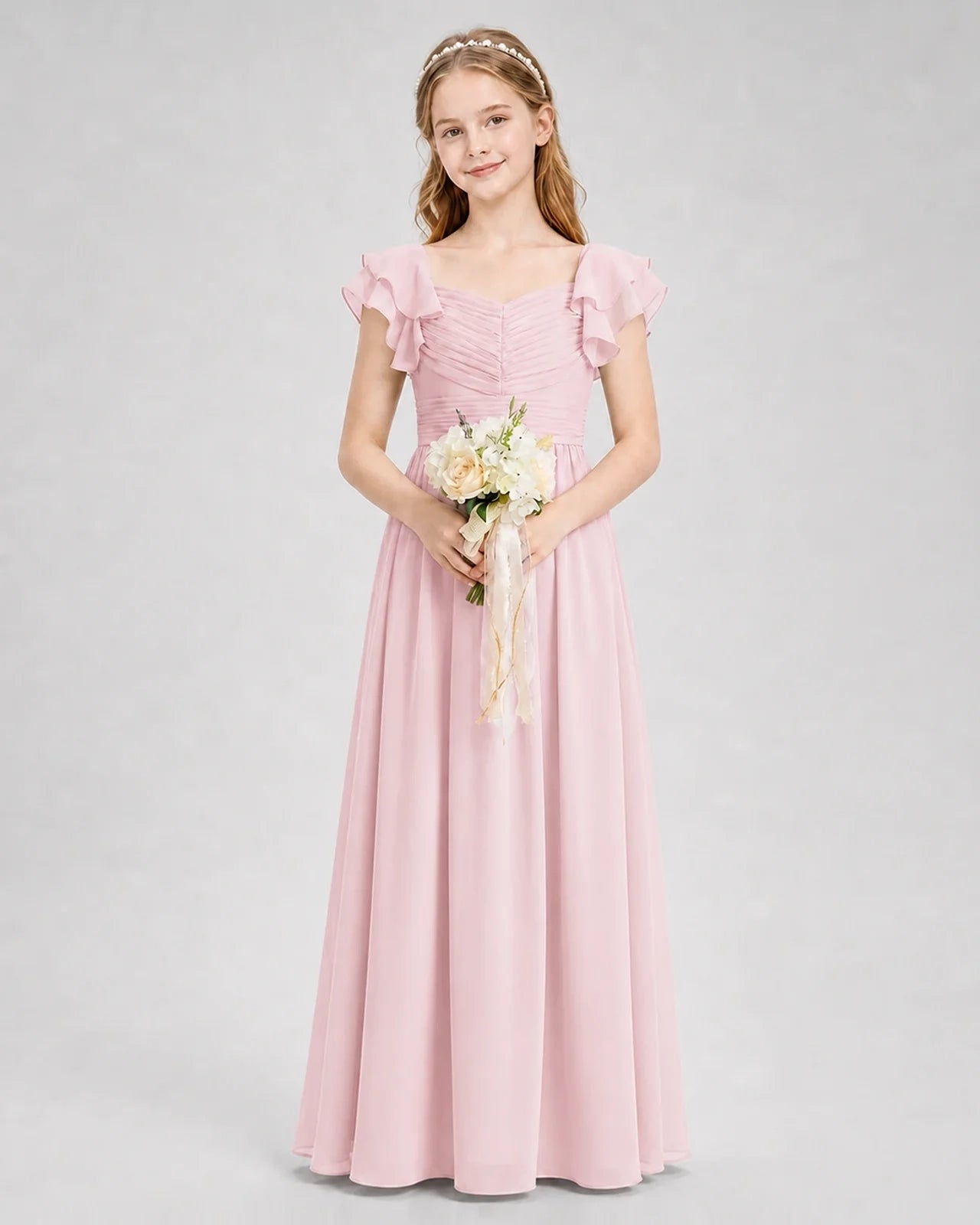 Dideyttawl Chiffon Junior Bridesmaid Dress with Ruched Bodice & Ruffle Sleeves