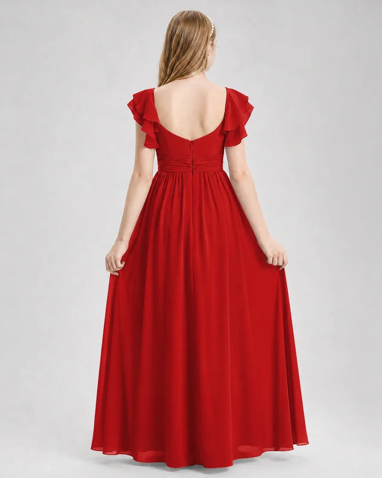 Red Chiffon A-line Junior Bridesmaid Dress Back View