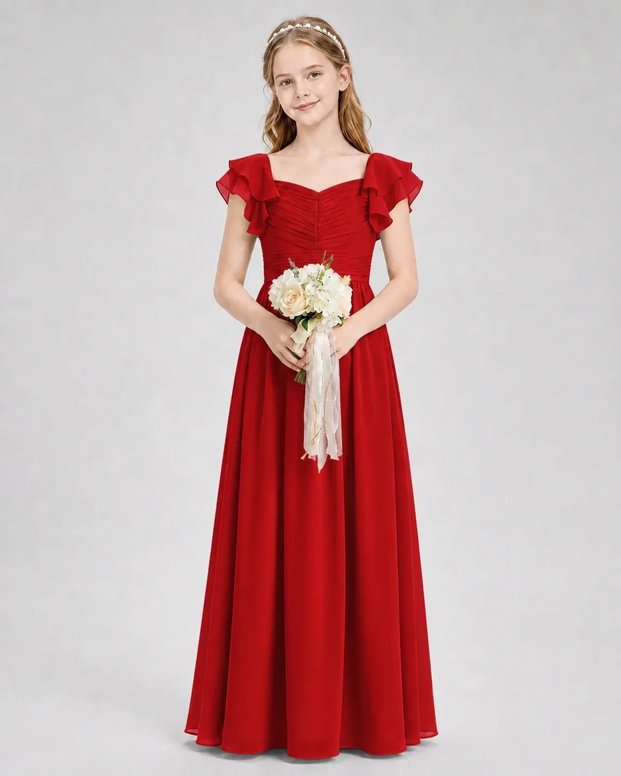 Red Chiffon A-line Junior Bridesmaid Dress Front View