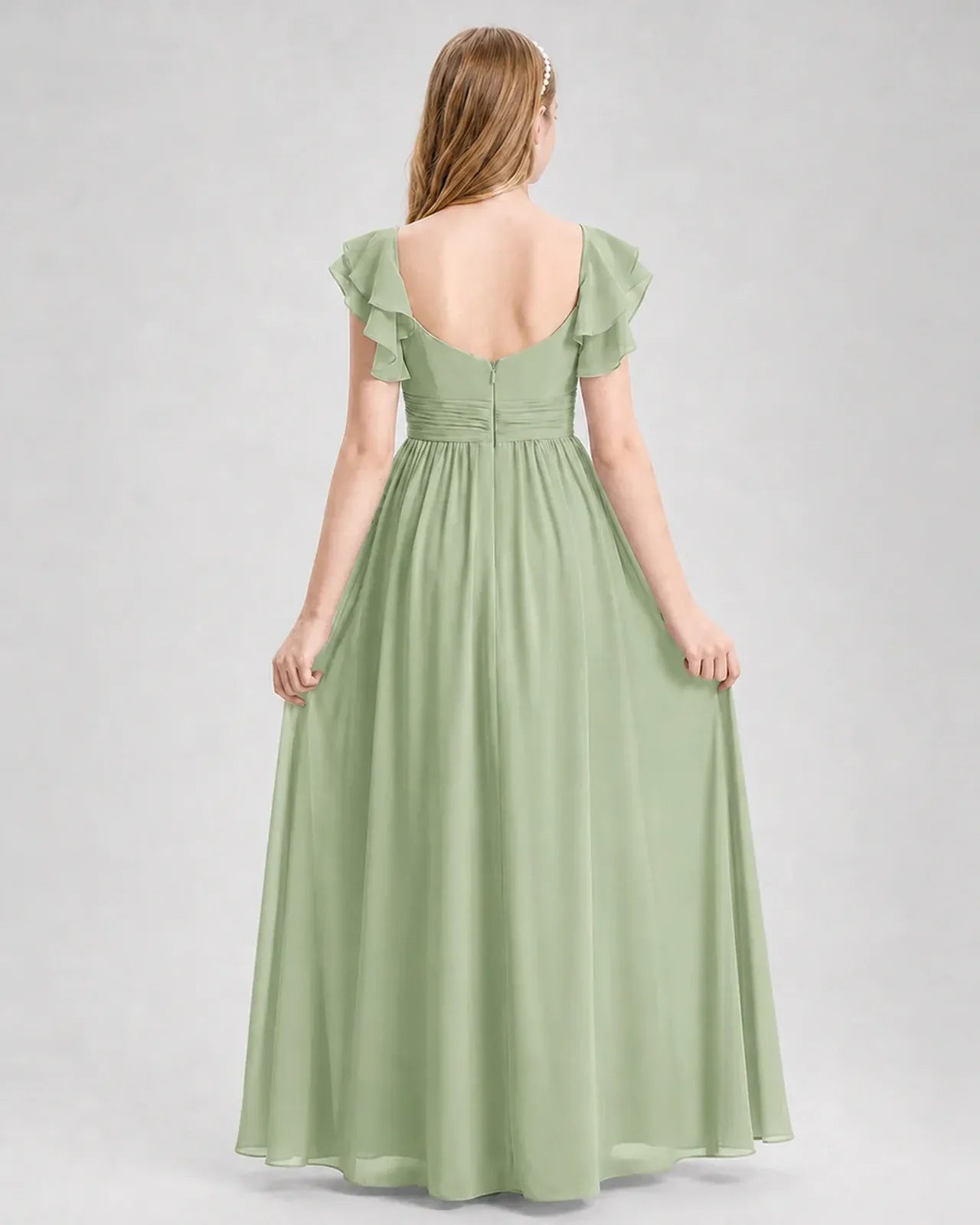 Sagegreen Chiffon A-line Junior Bridesmaid Dress Back View