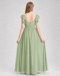 Dideyttawl Chiffon Junior Bridesmaid Dress with Ruched Bodice & Ruffle Sleeves