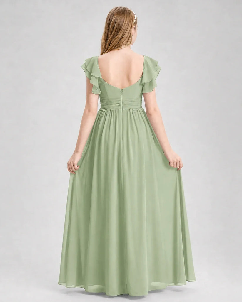 Sage Green Chiffon A-line Junior Bridesmaid Dress Back View