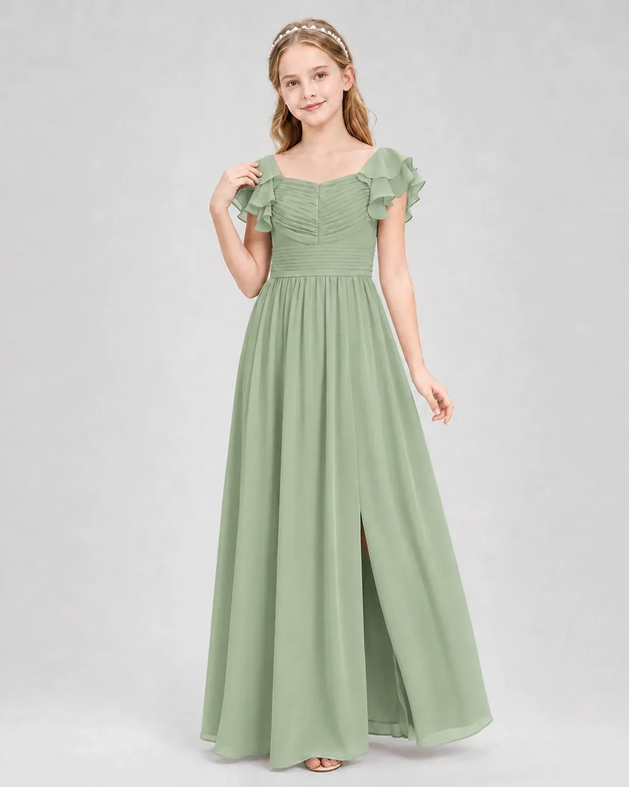 Sagegreen Chiffon A-line Junior Bridesmaid Dress Front View