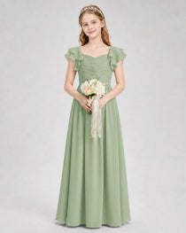 Dideyttawl Chiffon Junior Bridesmaid Dress with Ruched Bodice & Ruffle Sleeves