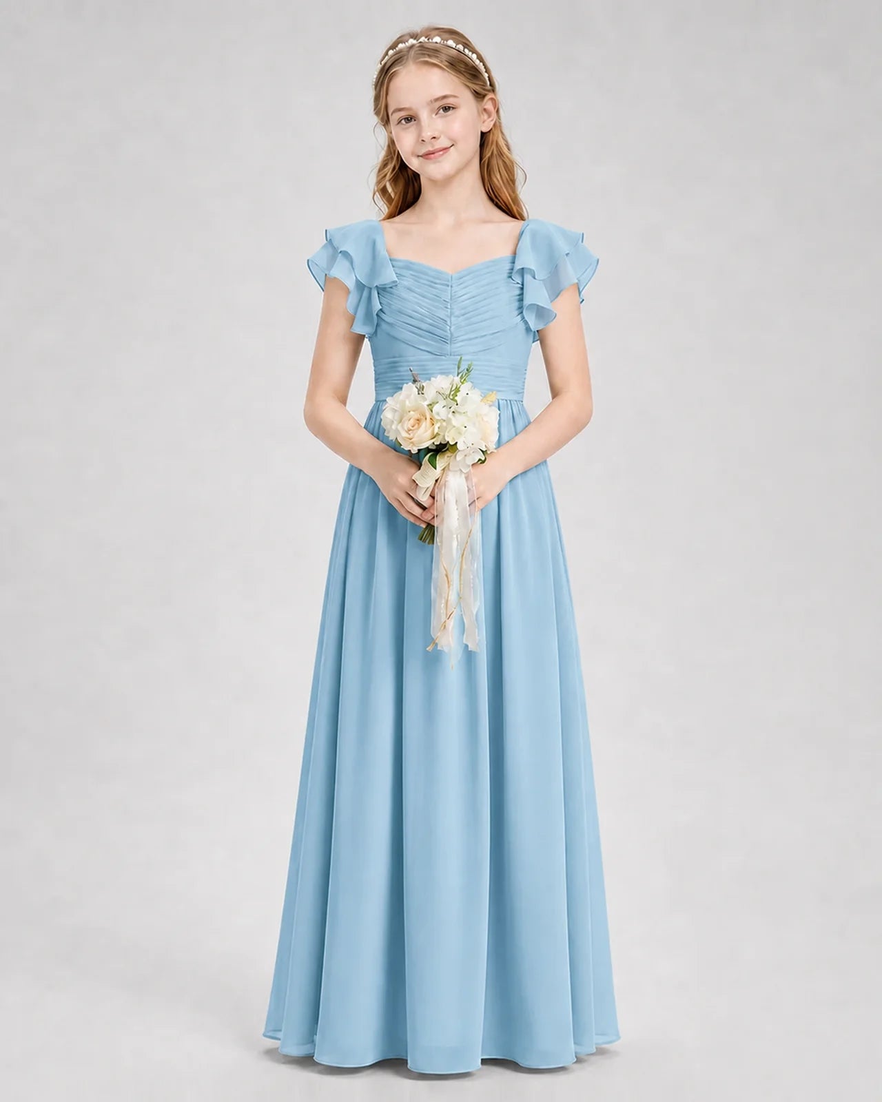 Dideyttawl Sweetheart Neck Ruffle Chiffon Junior Bridesmaid Dress