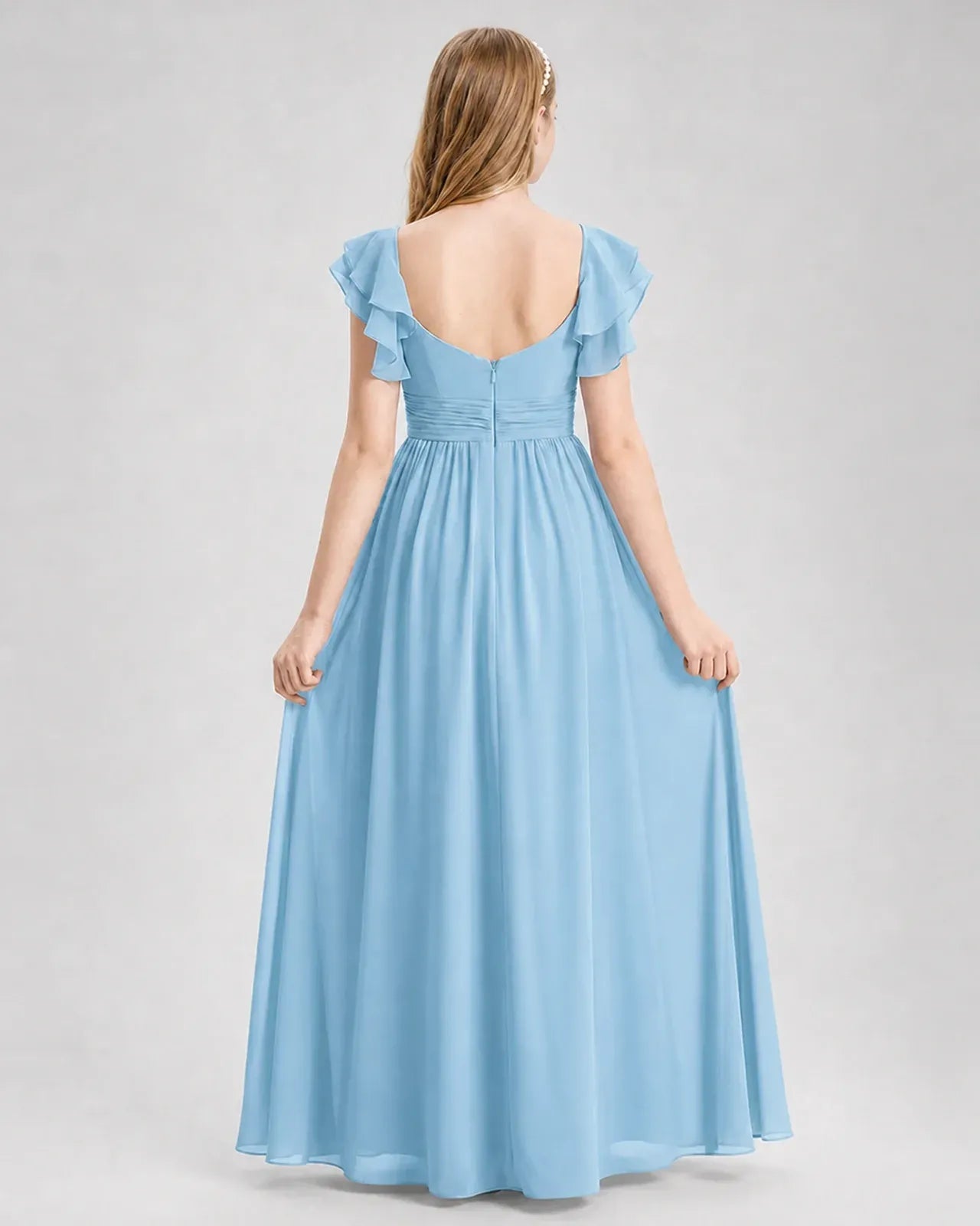 Skyblue Chiffon A-line Junior Bridesmaid Dress Back View
