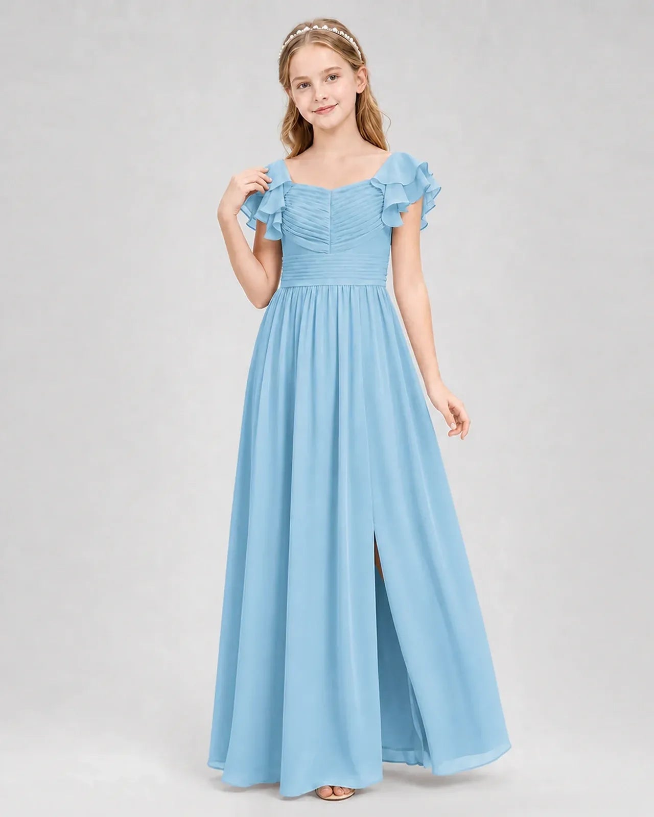 Skyblue Chiffon A-line Junior Bridesmaid Dress Front View