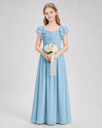 Dideyttawl Chiffon Junior Bridesmaid Dress with Ruched Bodice & Ruffle Sleeves