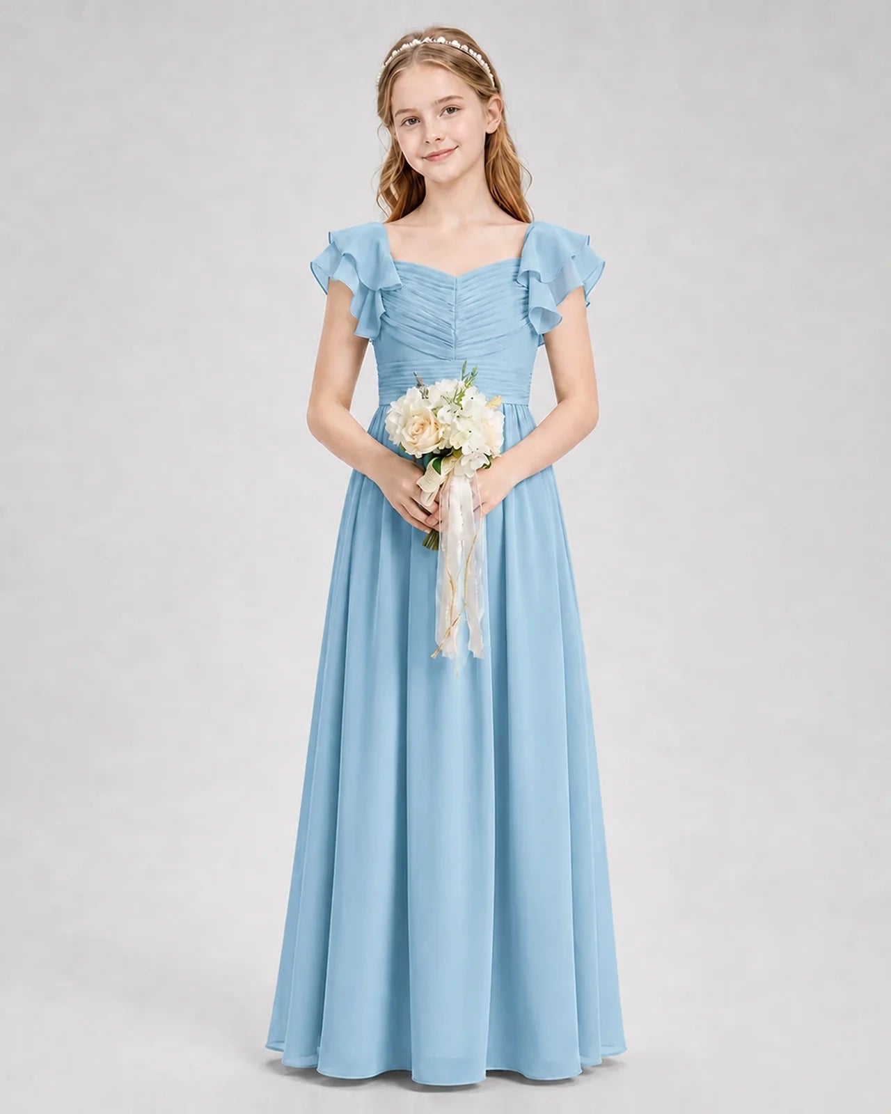 Dideyttawl Chiffon Junior Bridesmaid Dress with Ruched Bodice & Ruffle Sleeves