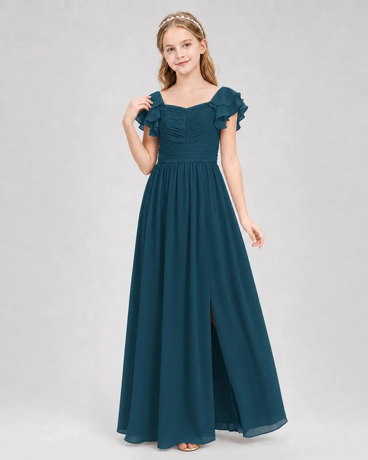 Teal Chiffon A-line Junior Bridesmaid Dress Front View