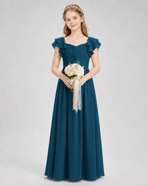 Dideyttawl Chiffon Junior Bridesmaid Dress with Ruched Bodice & Ruffle Sleeves
