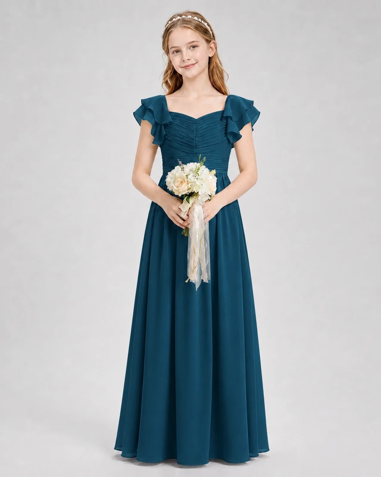 Dideyttawl Chiffon Junior Bridesmaid Dress with Ruched Bodice & Ruffle Sleeves