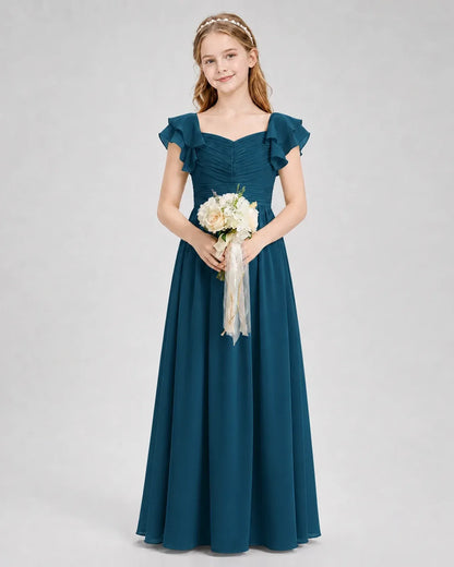 Teal Chiffon A-line Junior Bridesmaid Dress Front View