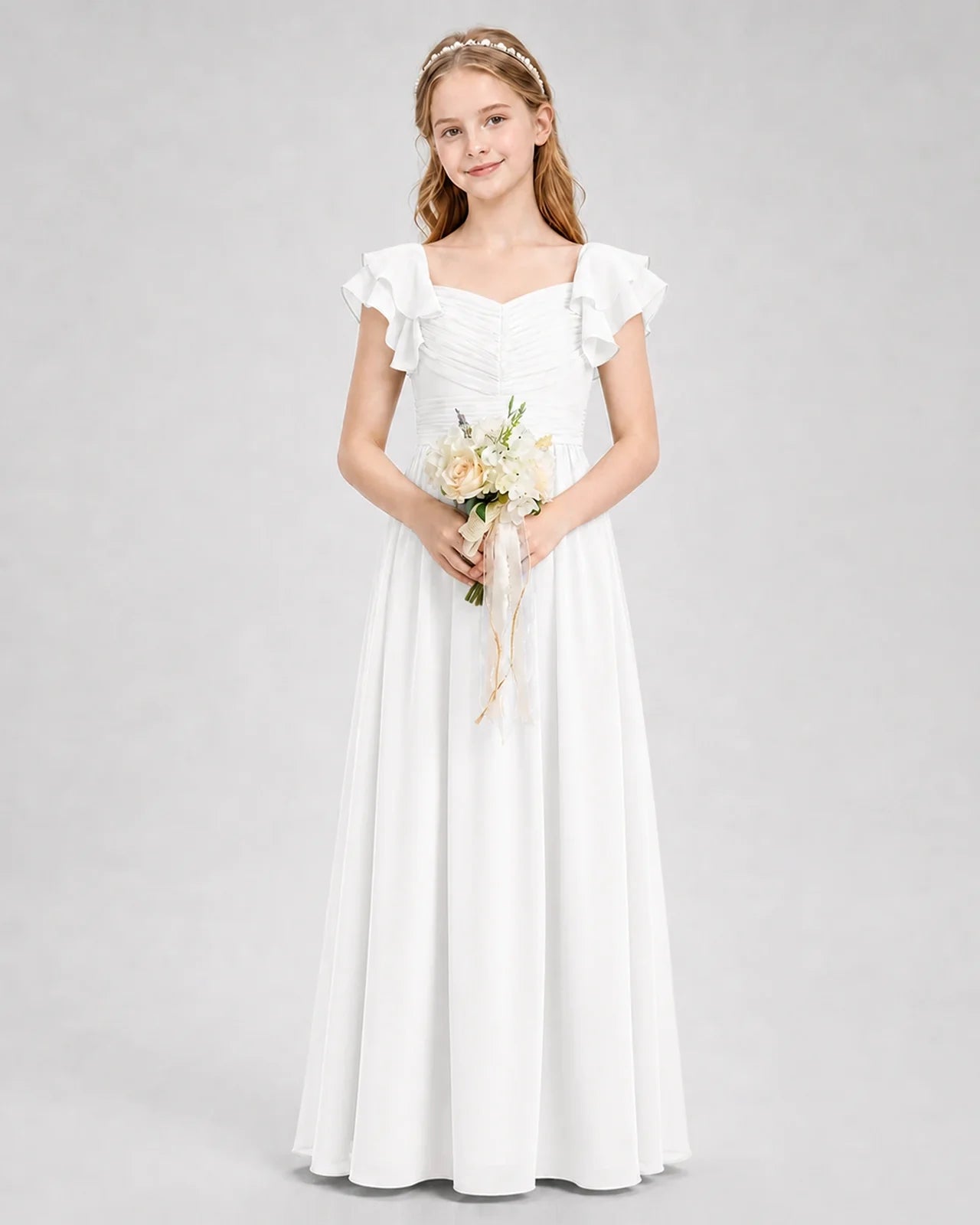 Dideyttawl Sweetheart Neck Ruffle Chiffon Junior Bridesmaid Dress