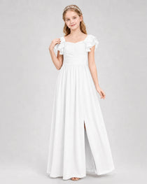 Dideyttawl Chiffon Junior Bridesmaid Dress with Ruched Bodice & Ruffle Sleeves