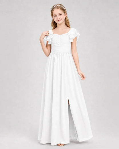 White Chiffon A-line Junior Bridesmaid Dress Front View