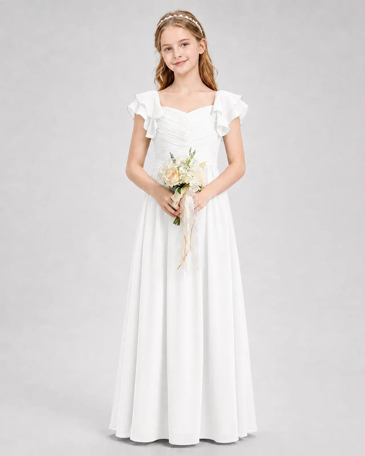 White Chiffon A-line Junior Bridesmaid Dress Front View