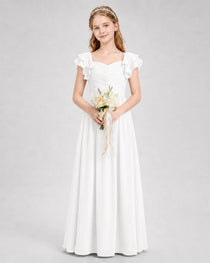 Dideyttawl Chiffon Junior Bridesmaid Dress with Ruched Bodice & Ruffle Sleeves