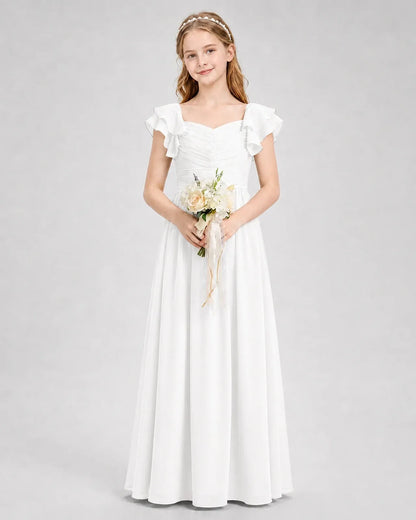 White Chiffon A-line Junior Bridesmaid Dress Front View