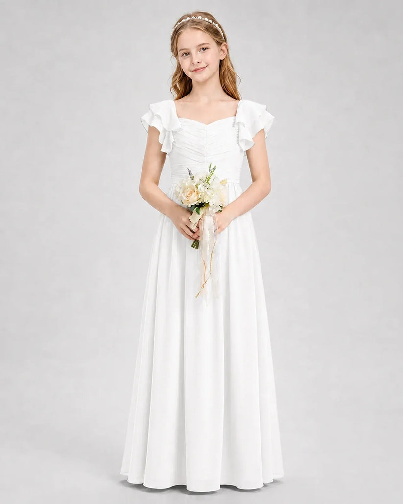 White Chiffon A-line Junior Bridesmaid Dress Front View