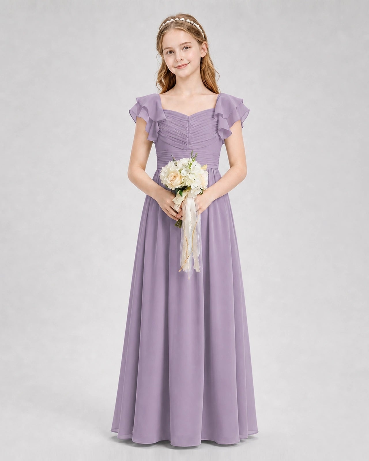 Dideyttawl Chiffon Junior Bridesmaid Dress with Ruched Bodice & Ruffle Sleeves Imagen principal del producto