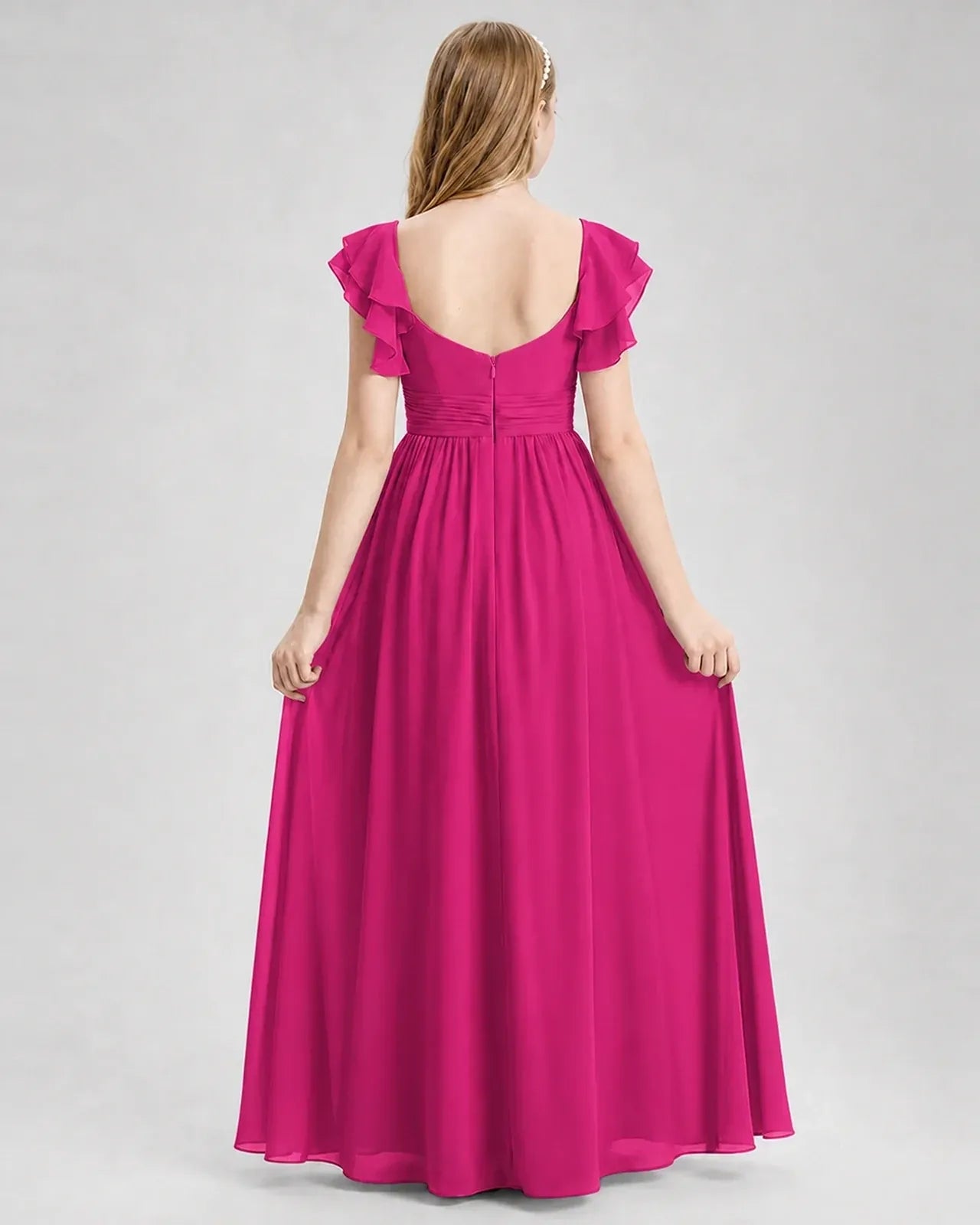 Hotpink Chiffon A-line Junior Bridesmaid Dress Back View