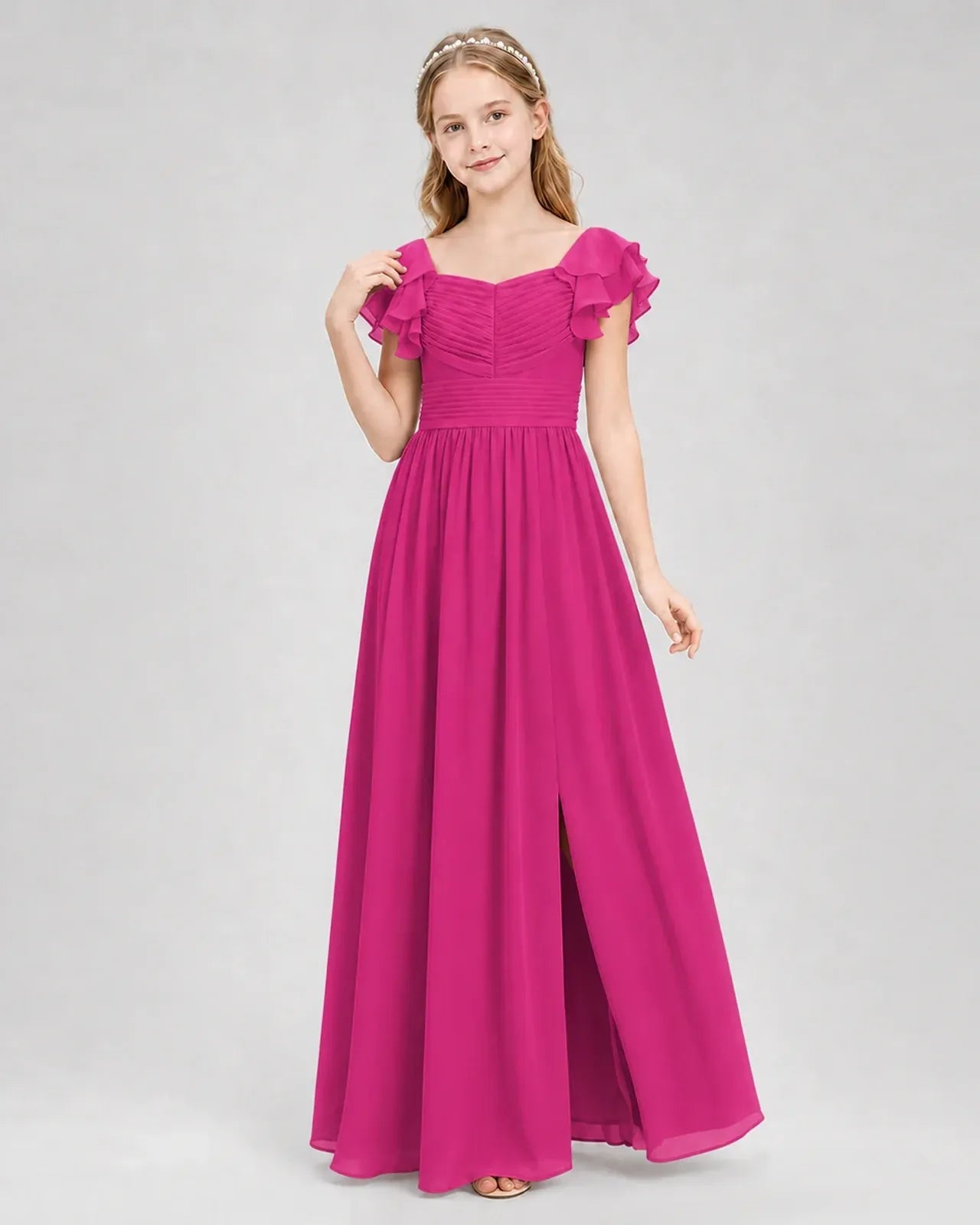 Hotpink Chiffon A-line Junior Bridesmaid Dress Front View