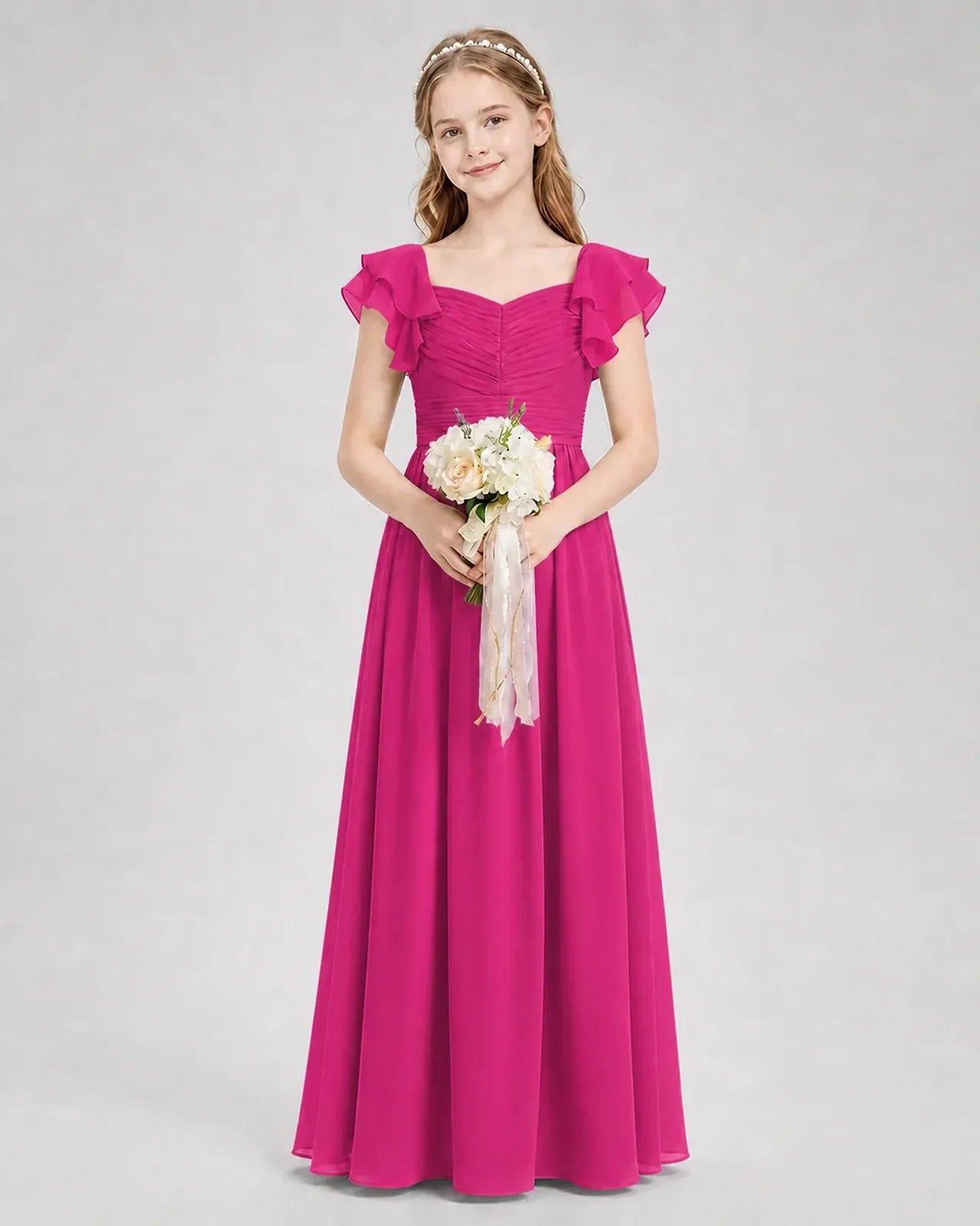Hot Pink Chiffon A-line Junior Bridesmaid Dress Front View