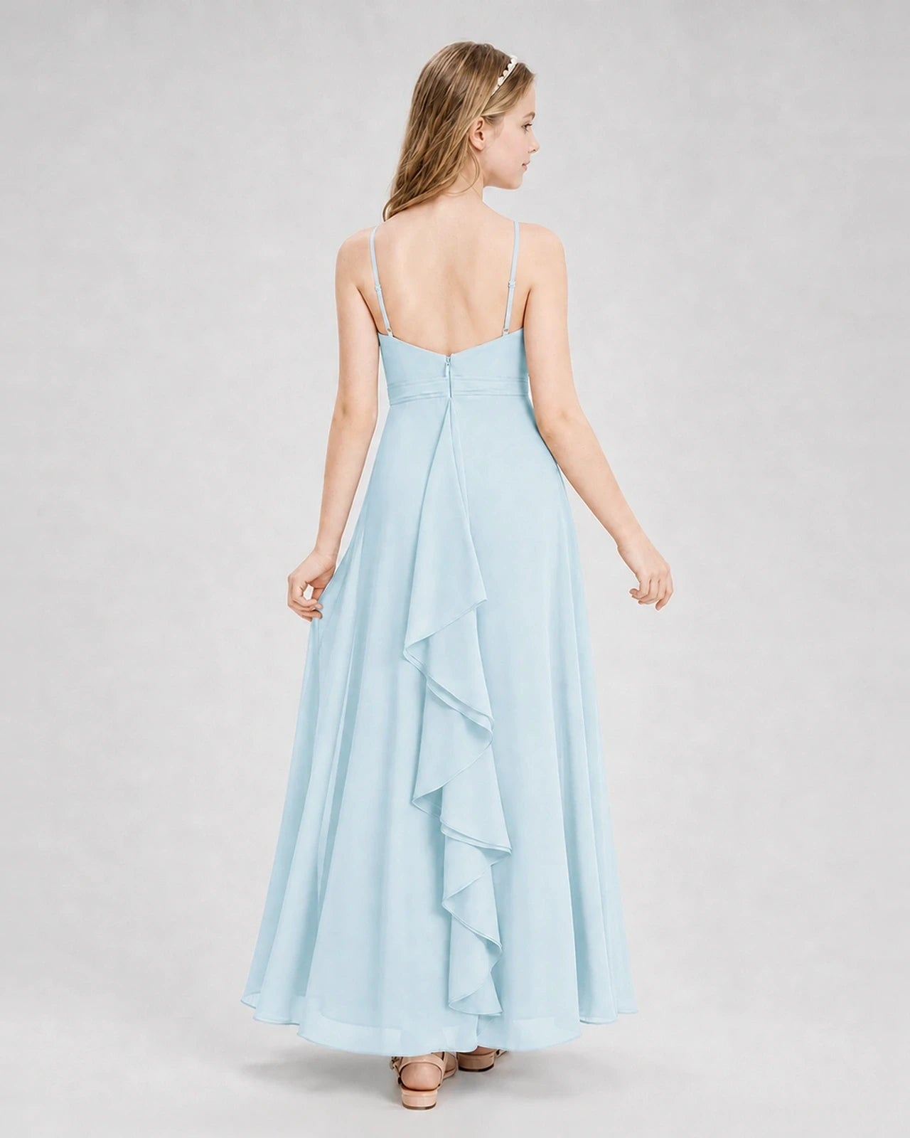 Dideyttawl Pleated Chiffon Junior Bridesmaid Dress with Back Cascading Ruffle