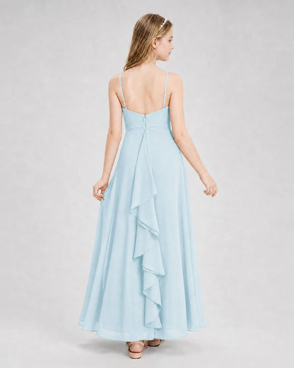 Dideyttawl Pleated Chiffon Junior Bridesmaid Dress with Back Cascading Ruffle