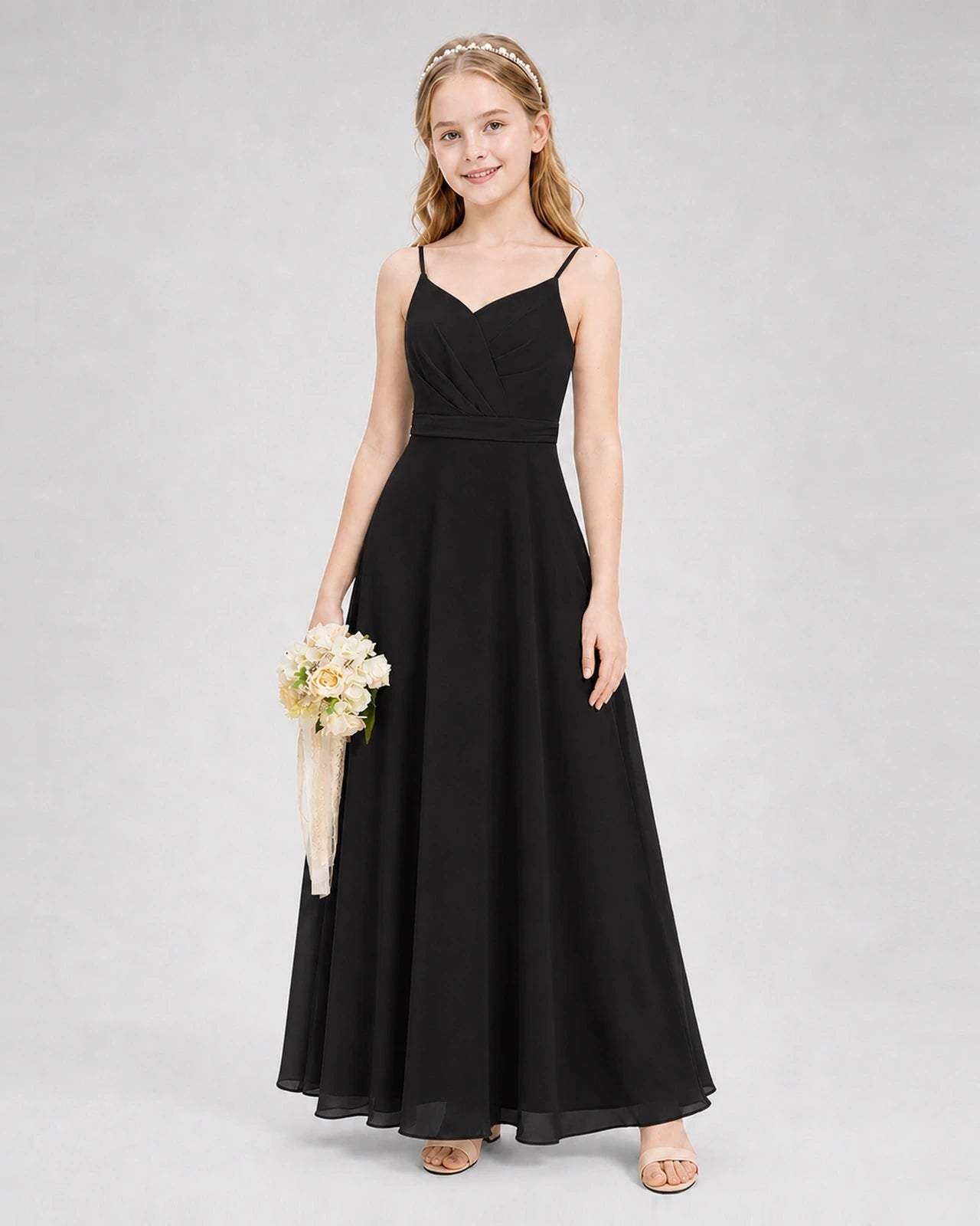 Dideyttawl Pleated Chiffon Junior Bridesmaid Dress with Back Cascading Ruffle