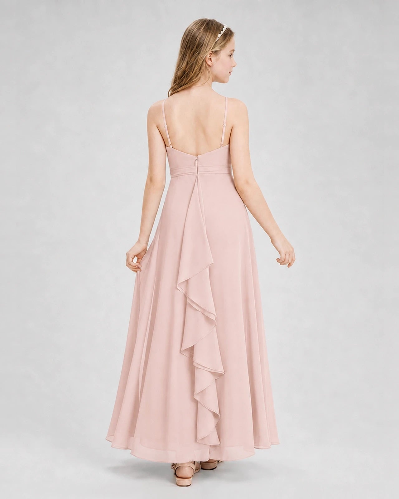 Dideyttawl Pleated Chiffon Junior Bridesmaid Dress with Back Cascading Ruffle