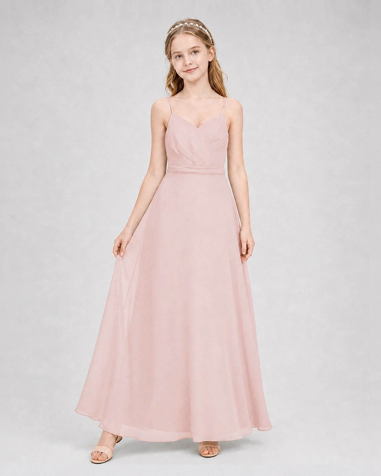 Dideyttawl Pleated Chiffon Junior Bridesmaid Dress with Back Cascading Ruffle