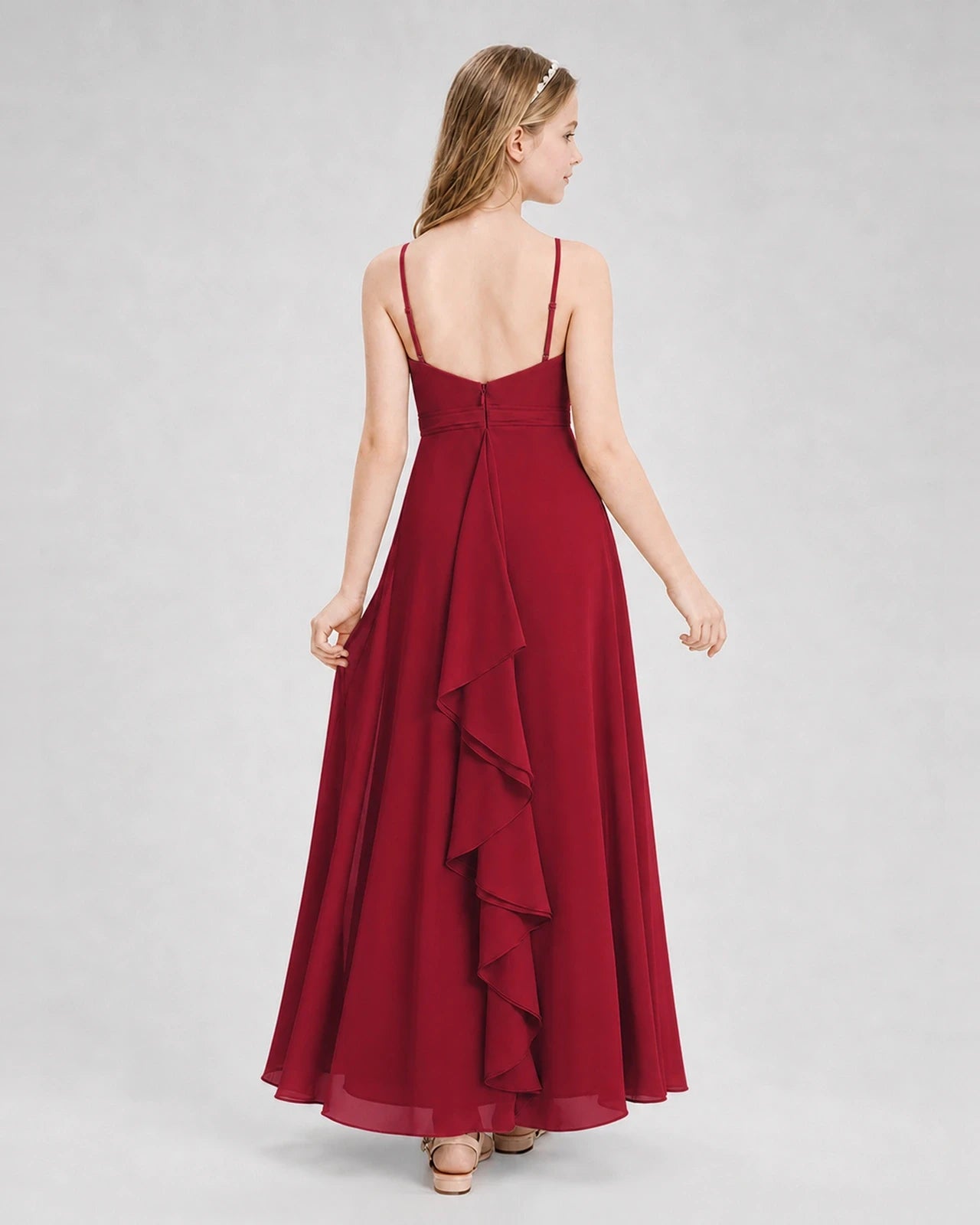 Dideyttawl Pleated Chiffon Junior Bridesmaid Dress with Back Cascading Ruffle