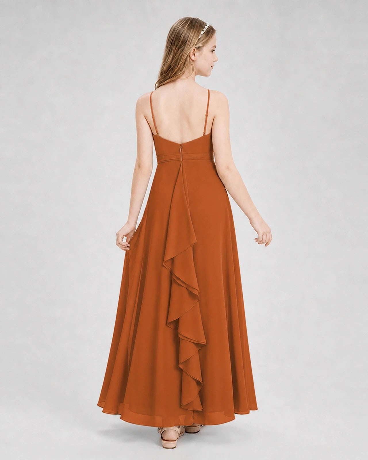 Dideyttawl Pleated Chiffon Junior Bridesmaid Dress with Back Cascading Ruffle