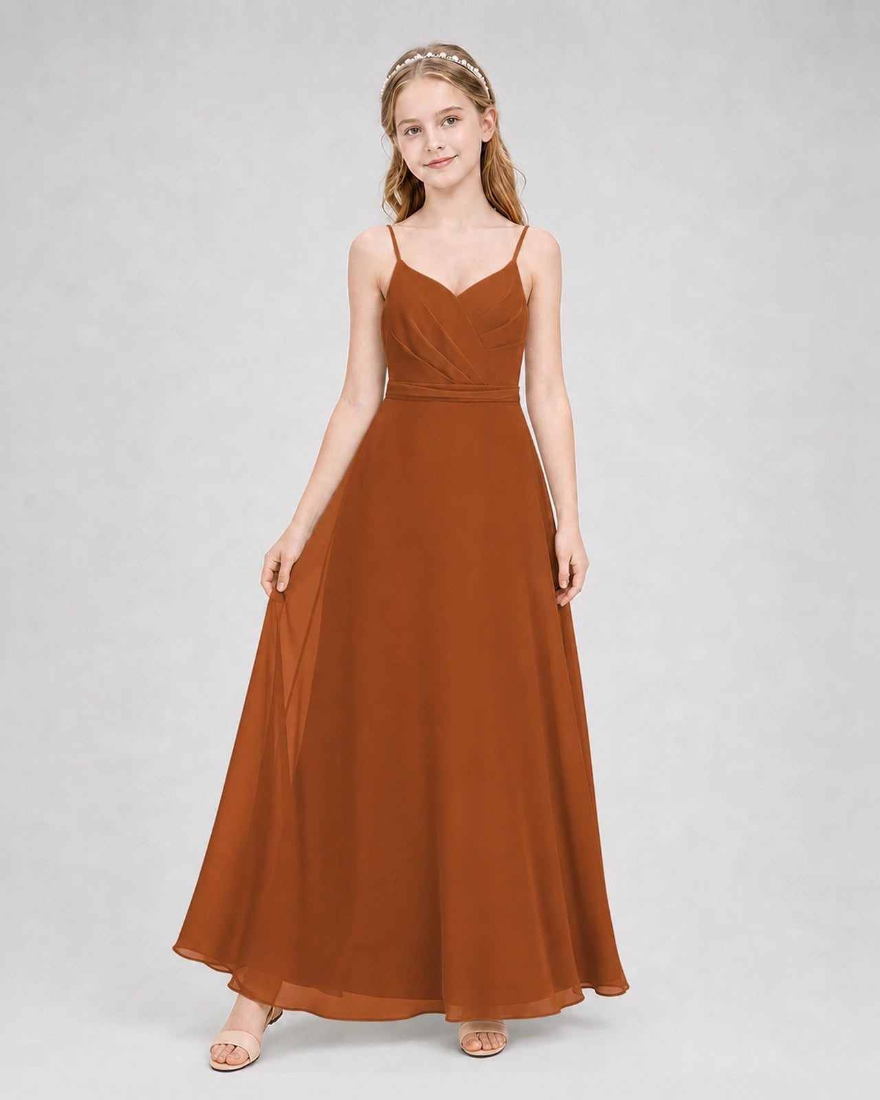Dideyttawl Pleated Chiffon Junior Bridesmaid Dress with Back Cascading Ruffle