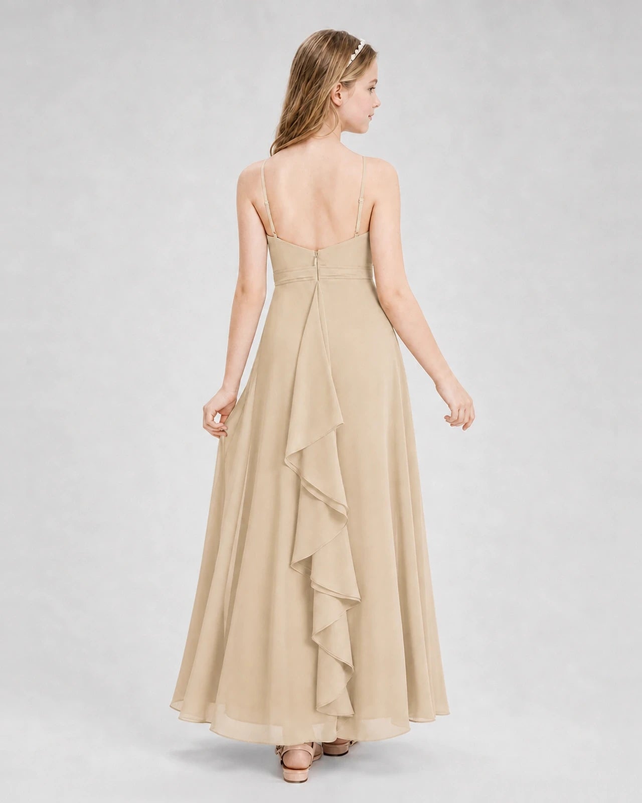 Dideyttawl Pleated Chiffon Junior Bridesmaid Dress with Back Cascading Ruffle