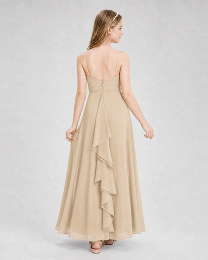 Dideyttawl Pleated Chiffon Junior Bridesmaid Dress with Back Cascading Ruffle