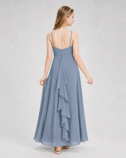 Dideyttawl Pleated Chiffon Junior Bridesmaid Dress with Back Cascading Ruffle