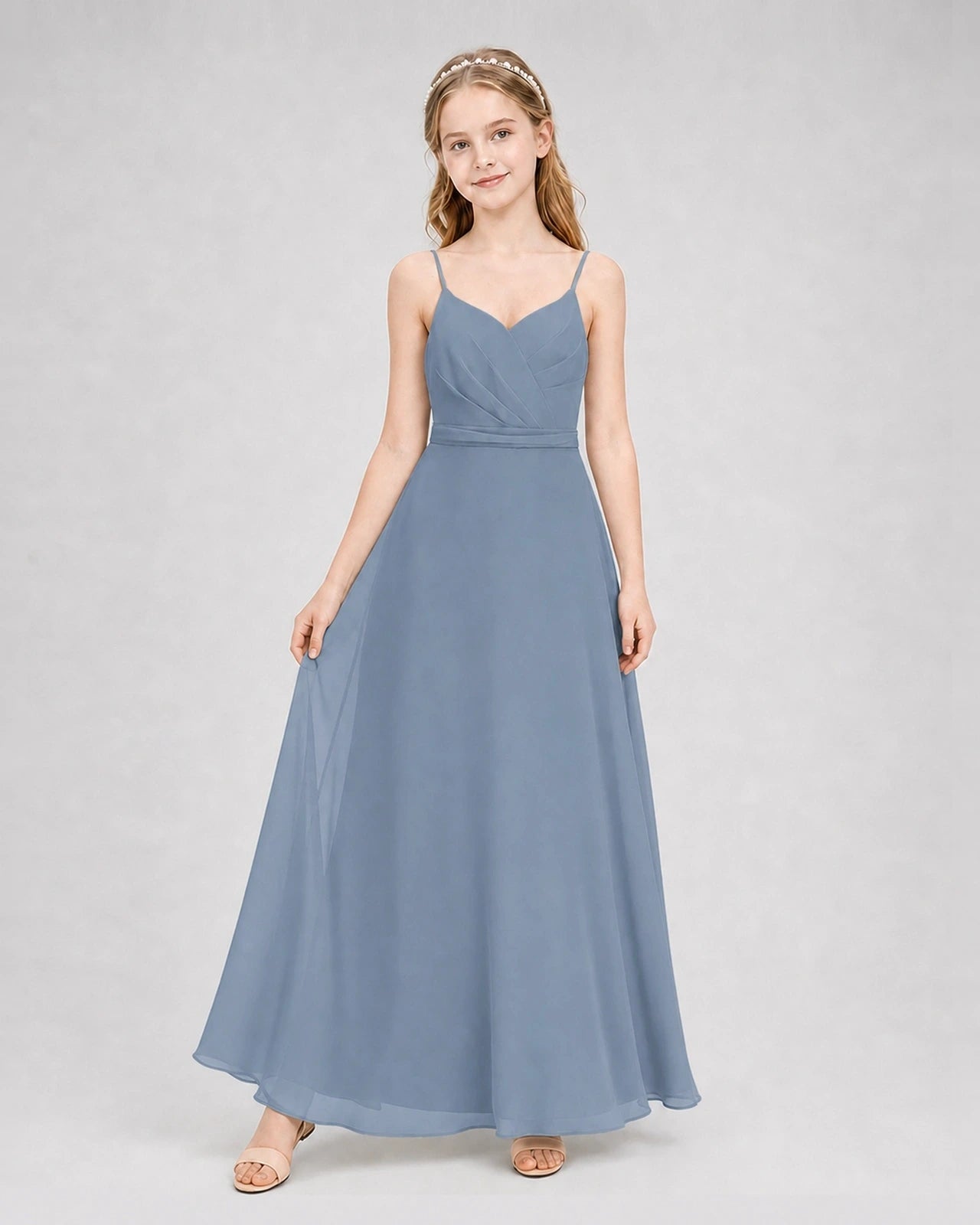 Dideyttawl Pleated Chiffon Junior Bridesmaid Dress with Back Cascading Ruffle