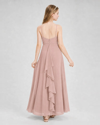 Dideyttawl Pleated Chiffon Junior Bridesmaid Dress with Back Cascading Ruffle