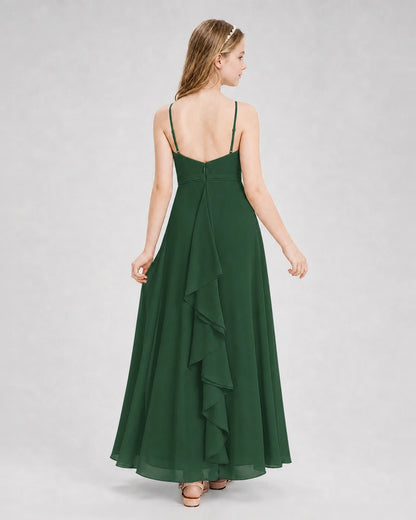 Dideyttawl Pleated Chiffon Junior Bridesmaid Dress with Back Cascading Ruffle