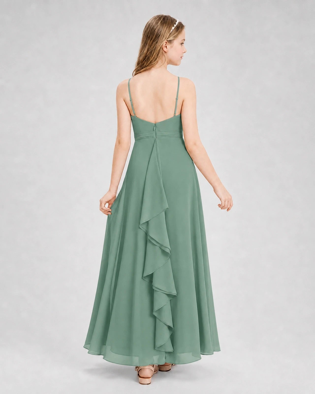 Dideyttawl Pleated Chiffon Junior Bridesmaid Dress with Back Cascading Ruffle