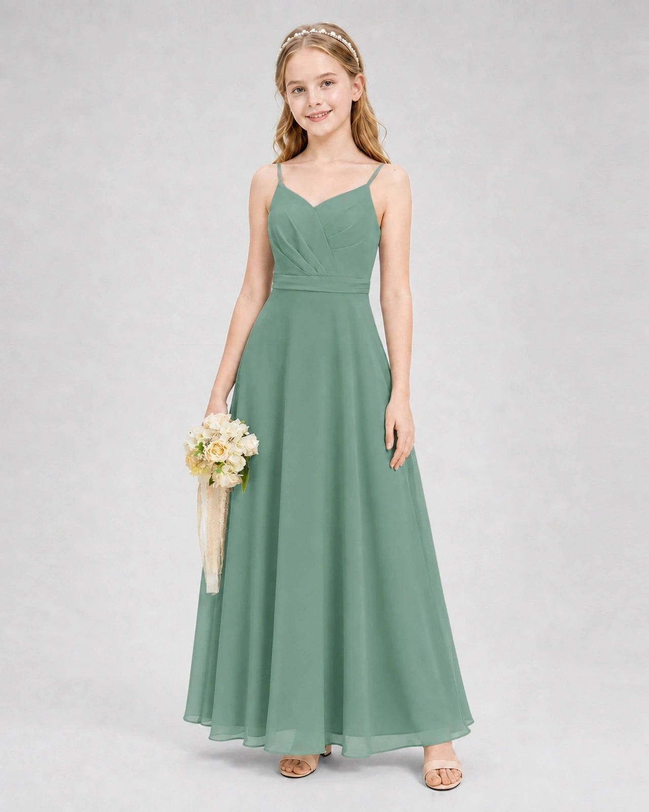Eucalyptus Chiffon Spaghetti Strap A-Line Junior Bridesmaid Dresses Front View